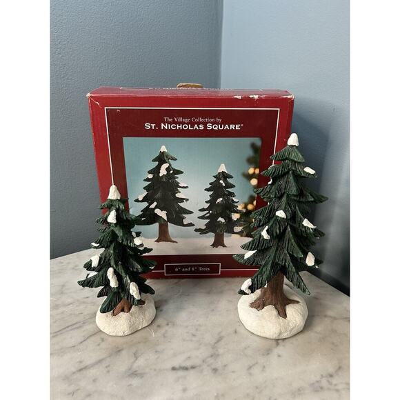 St Nicholas Square Village Collection 6" & 8" Pine Trees Hand Painted w/ Box - Picture 1 of 11